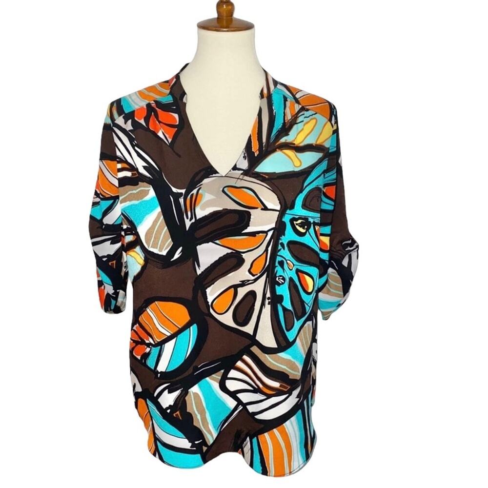 M Milano Brown Abstract Boho Half 3/4th Sleeve V Neck Work Career Blouse Top - Picture 2 of 12